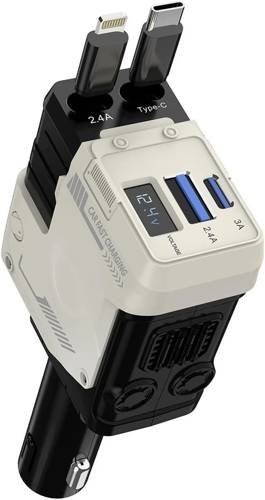 Super-Fast 4 in 1 Car Charger Adapter with 2 Retractable Cables and 2 USB Ports